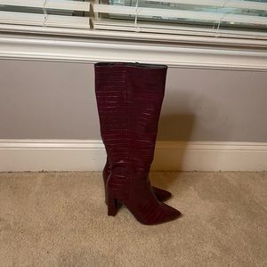 LULU’S |  Croc Pointed-Toe Knee High Boots; burgundy. Lightly worn.